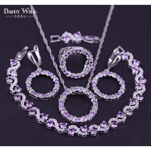 Purple Jewelry Sets Round Cubic Zircon CZ Stone Silver Color Pendant Necklace Earrings Rings Bracelets Set