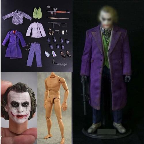 New In Stock 1/6 Joker Heath Ledger Head Sculpt PVC Joker Dirty Old Purple Coat Clown Clothes Set Guns Knives Grenades Accessory