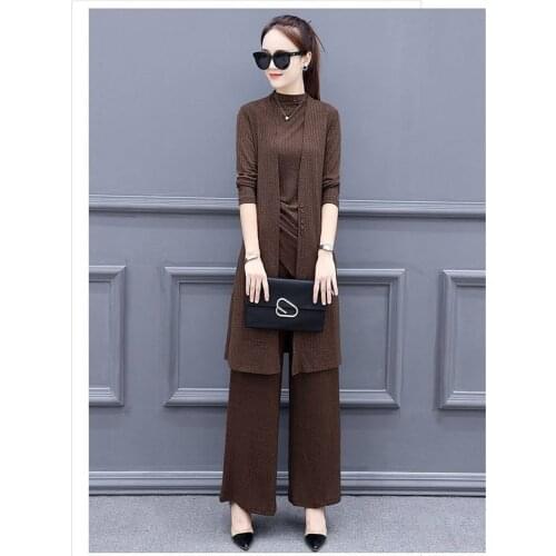 Office Ladies Autumn knitted Three Piece Set Solid Color Loose Women Knit Side Bandage Tank Top Pants Long Sleeve Cardigan Set