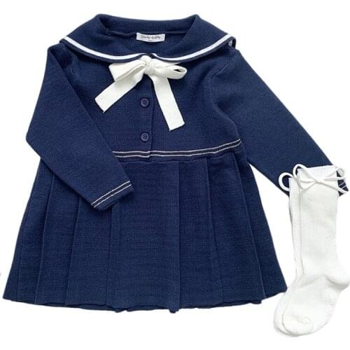1-5Yrs Autumn Wool Dress Winter Kids Dresses Bow Naval style Girls Dresses Kids Girl Dress Long Sleeve Keep Warm Knitting Dress