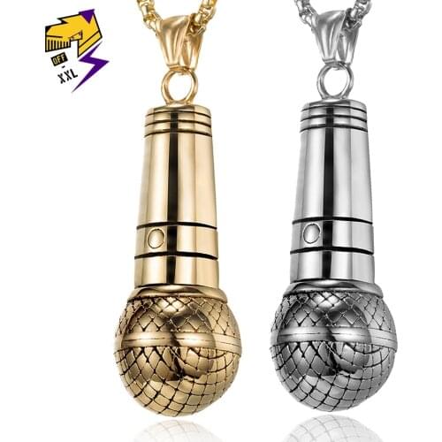 Hiphop Stainless Steel Gold Microphone Pendant Necklaces Long Chains Rock Roll Band DJ Music Festival Necklace Men Women Jewelry