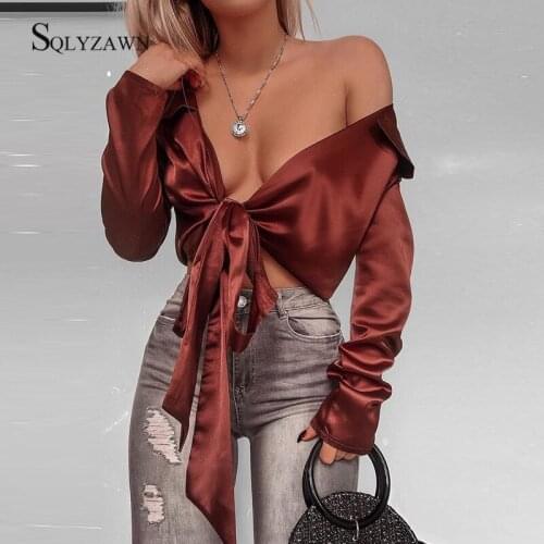 Sexy Long Sleeve Blouse Shirt Woman V Neck Tops and Blouse Spring 2020 Elegant Solid Bow Lace Up Short Tops Plus Size