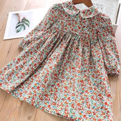 Spring Autumn Girls' Dress Korean Style Lapel Floral Long-Sleeved Collar Sweet Doll Princess Dress Baby Kids ChildrenS Clothing