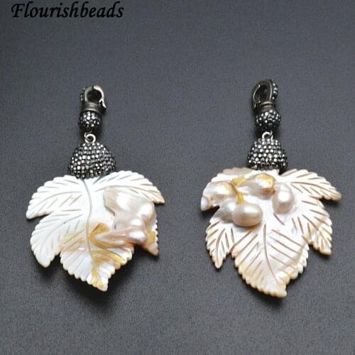 Natural Mother of Pearl MOP Shell Maple Shape Leaf Pendant Paved Black Crystal and CZ Beads Fashion Jewelry Supplies