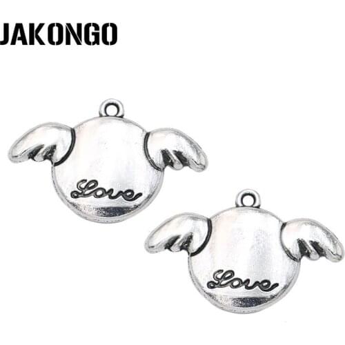 JAKONGO Antique Silver Plated Love Wings Charms Pendants for Bracelet Jewelry Making DIY Handmade Craft 19x28mm
