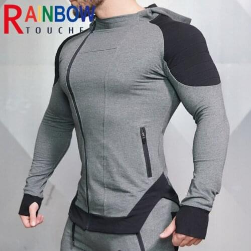 Rainbowtouches All Seasons Fitness Muscle Mens Slim Sweatershirts Embroidery Zipper Pocket Outdoor Sport Hooded
