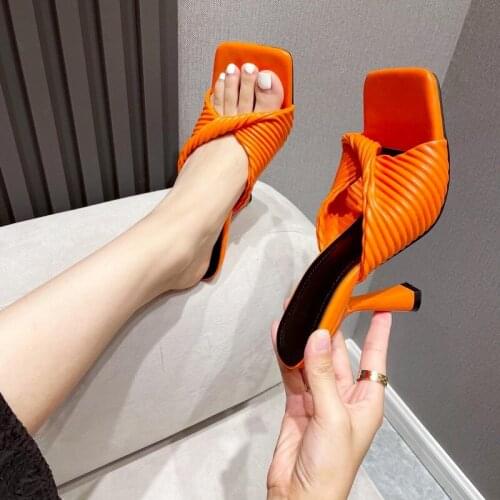 Sandalias Summer New Women Slipper Peep Toe Thin High Heel Sandal Shoes Ladies High Quality PU Leather Wrinkles Slides Pumps