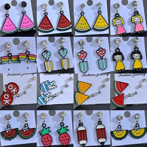 Watermelon/Fruit/Strawberry/Little Girl/Medal/Pencil/Gesture/ Rainbow SunglassesEarrings for women girl Female Ear Stud Set