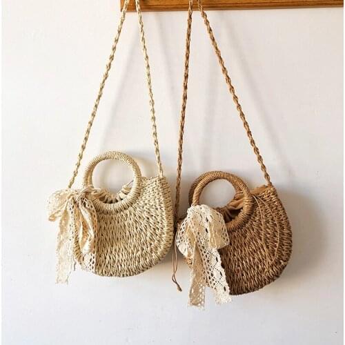 Straw Bag Women Hand-Woven Handbag Moon Shape Lace Bow Rattan Bag Big Capacity Drawstring Casual Beach Shoulder Crossbody Bag