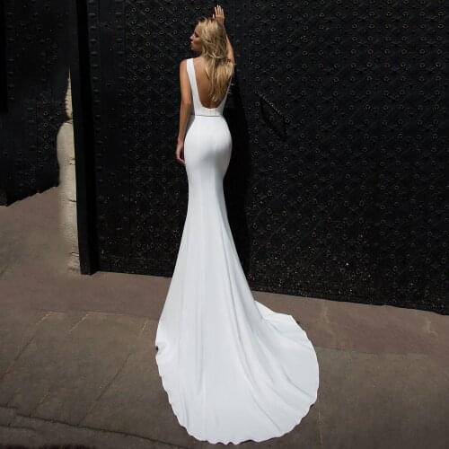 Elegant Simple Mermaid Wedding Dress Ivory Satin Square Neck With Belt Bridal Gowns Sexy Backless Brides Dresses Sweep Train New