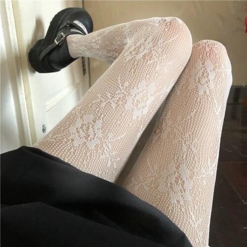 Slim Bottomed Pantyhose Lolita Hollowed Out Lace Mesh Stockings Japanese Lolita Retro Floral Rattan White Black Stocking Tights