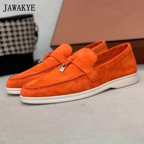 Orange Suede Women Loafers Round Toe Slip-on Leisure Dress Mules Metal Lock Decor Outdoor Driving Shoes New Arrival Flat Ballets