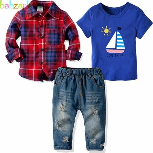 3Piece/Spring Kids Clothing Sets Baby Boys Outfits Casual Plaid Shirt+Cartoon Cotton T-shirt+Hole Jeans Children Clothes BC1110