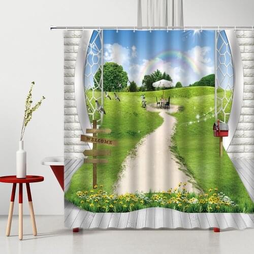 Spring Scenery Shower Curtain Woods Flower Rainbow Plant Bird Creativity Washable Bathtub Decor Set With Hook Bathroom Curtains