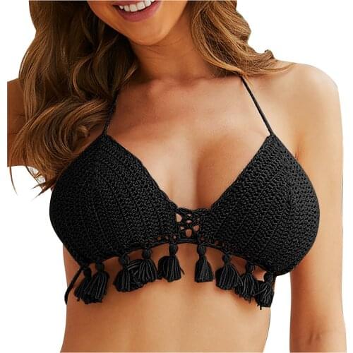 2021 Women Fashion Sexy Candy Color Woven Tassel Straps Bikini Top Bra Жаночы купальнік касцюм пляжная спадніца