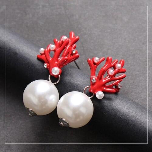 Women Acrylic Enamel Red Coral Resin Antlers Pearl Stud Earrings Fashion Jewelry U2JF