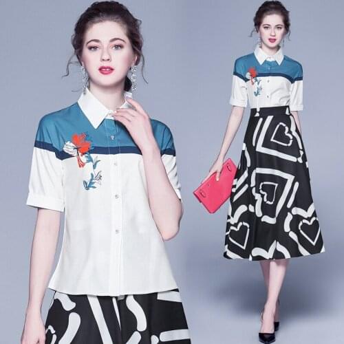 Wholesale Summer Runway 2pcs Women Ladies Sets Retro Vintage Print Collar Short Sleeve Top Shirt Blouse Midi Skirt Suits Outfits