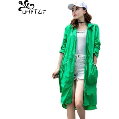 UHYTGF Women summer trench Coats Female Long Sun protection tops Hooded Long Sleeve Tops Cardigan Thin trench Coats Ladies X271