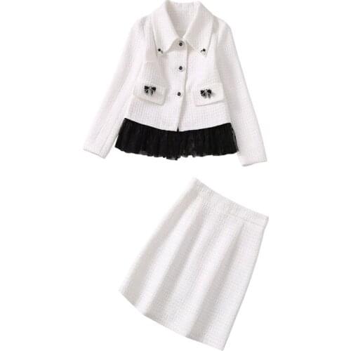 Fall Winter Women Clothes Two Pieces Set Black Mesh Patchwork White Tweed Jacket + Short Tight Skirt