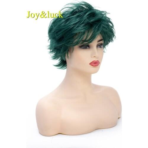 Joy&luck Short Women Wig Dark Green Synthetic Wig Woman Wig Cosplay Natural Straight Costume Fluffy Wig