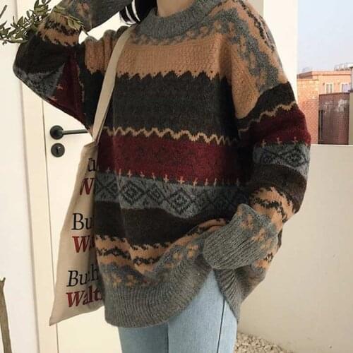 Women Vintage Pullover Knitted Striped Sweaters Loose Argyle Jumpers Korean Style Knitwear Autumn Casual Tops Femme Streetwear