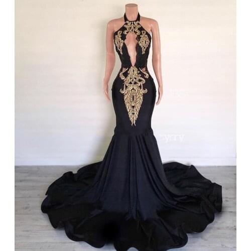 Black Prom Dresses Mermaid Halter Backless Appliques South African Party Women Long Prom Gown Evening Dresses Robe De Soiree