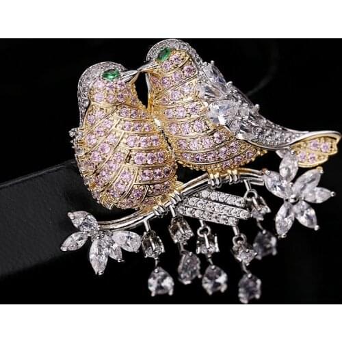 Cubic Zirconia 24 K Gold Plated Brooch Pin - Love Bird CZ Brooch