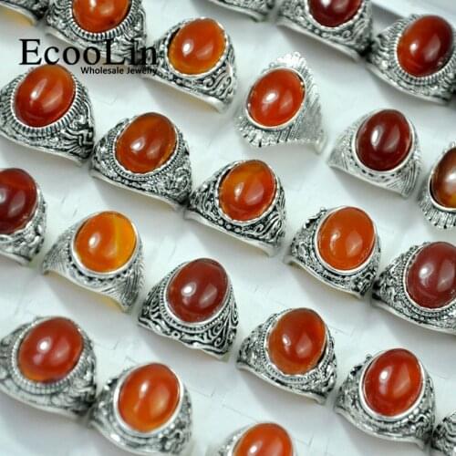 10Pcs EcooLin Jewelry Agatee Stone Ancient Silver Color Rings Lots For Women Girls Mixed Colors Bulk Packs LR4022