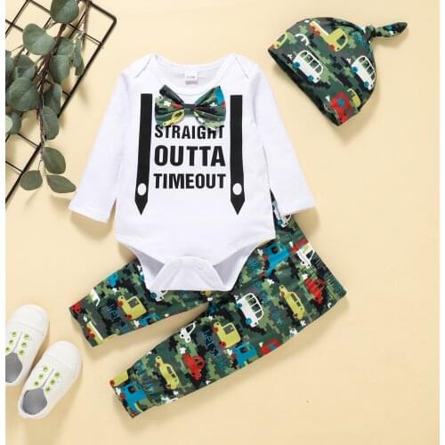 2021 Baby Boys Clothes Set, Letter Print Long Sleeve O-neck Romper+Car Print Trousers+Pointed Hat