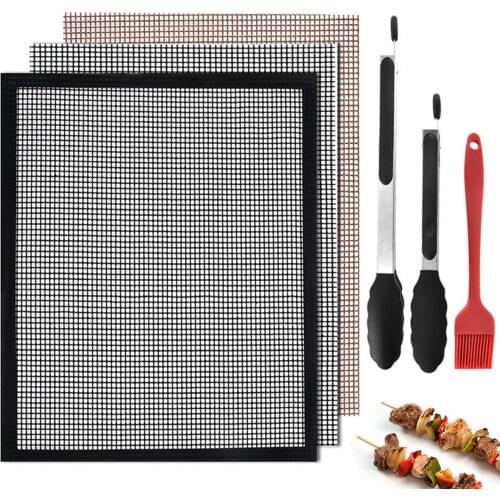 Behogar Non-Stick BBQ Grill Mesh Grilling Net Grid Mat with 2 Tongs 1 Oil Brush for Gas Charcoal Electric Oven Smoker grill