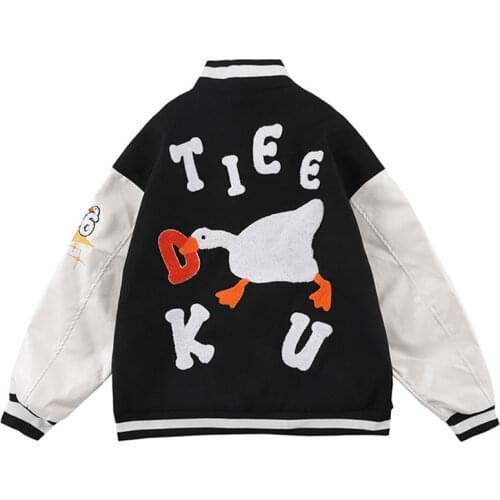 2021 Letter Duck Embroidery Baseball Jacket Unisex Vintage Pu Leather Sleeves Streetwear Outwear Tops Loose Fit