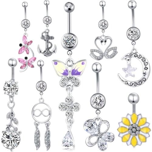 JUNLOWPY 14G Stainless Steel Dangle Belly Button Rings for Women Girls Body Curved Barbell Piercing Set Navel Bar Rings CZ