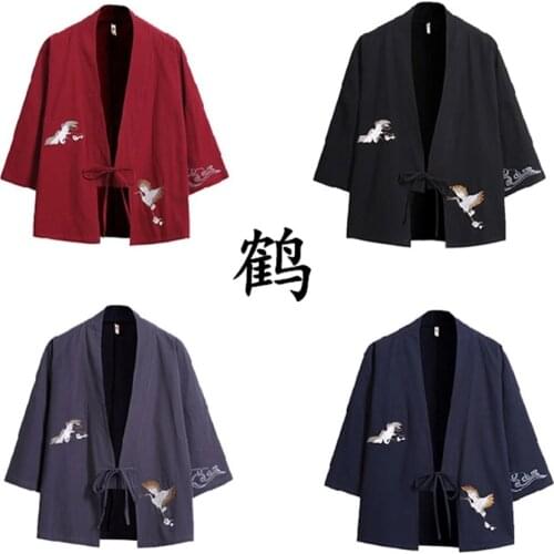 Kimono Cardigan Japanese Style Men Samurai Haori Clothing Crane Embroidery Traditional Vintage Yukata Asian Clothes Women