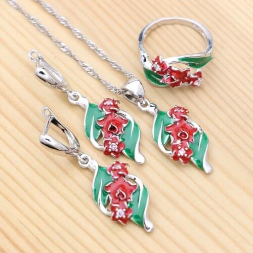 925 Sterling Silver Jewelry Set Drop Earrings Pendant Necklace Ring Plant Enamel Jewelry For Women wedding Accessories