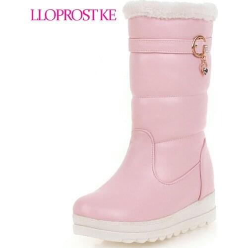Lloprost ke Winter Snow Boots Platform 4cm Heels Women Shoes Black White Pink Mid Calf Boots Fashion Ladies Winter Boots D606