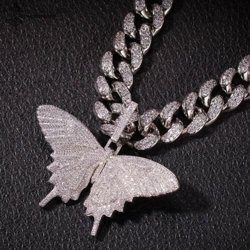 Hip Hop Men Gold Sliver Necklace Ice Out Cuban Chain Copper Zircon Butterfly Pendant Micro-inlaid High Quality Jewelry For Male