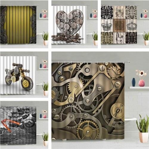 Retro Steampunk Metal Gear Shower Curtain Motorcycle Love Heart Crown Geometry Bathroom Screen Decor Waterproof Hanging Curtains