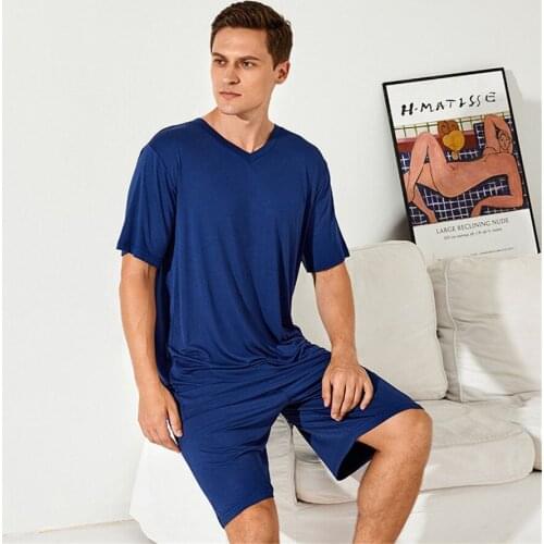 Mens Pajamas Set Solid Color Casual Comfortable Homewear Two-Piece Elastic Waist Shorts Summer Male Modal Simple Sleepwear