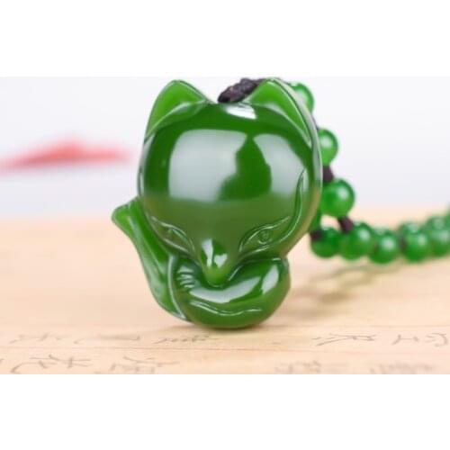CARVED GREEN JADE FOX PENDANT NATURAL CHINESE NECKLACE JADEITE JEWELLERY FASHION LUCKY WOMAN AMULET GIFTS SWEATER CHAIN