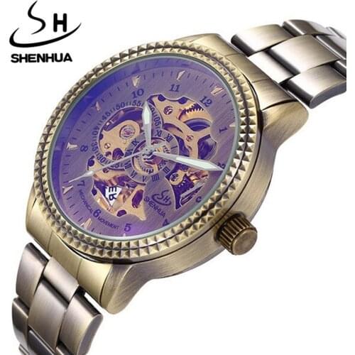 Shenhua Top Brand Luxury Mechanical Watch Men Vintage Bronze Automatic Mechanical Skeleton Watches Men Watch erkek kol saati