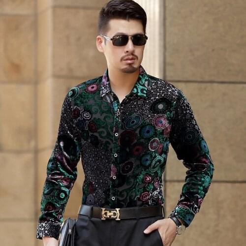 Colorful cloud pattern printing fashion high-end long sleeve shirt Autumn 2018 quality velvet hollow breathable luxury shirt men