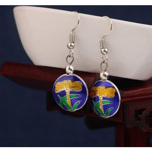 New fashion ethnic dragonfly cloisonne earrings Vintage green animal drop earrings for women and girl jewelry серьги