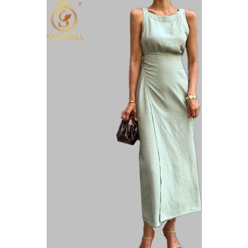 SMTHMA 2021 New Arrival Fashion Elegant For Women O Neck Sleeveless Vestidos High Waist Summer Solid Midi Dresses
