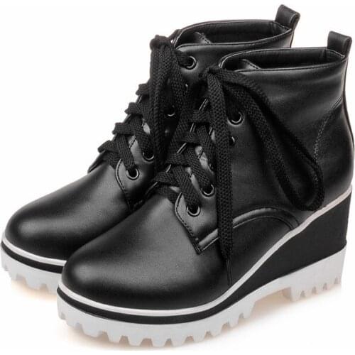 Comfortable Korean Style Black High Heel Platform Ankle Boots With Lace Up Womens Casual Shoes Wedges White
