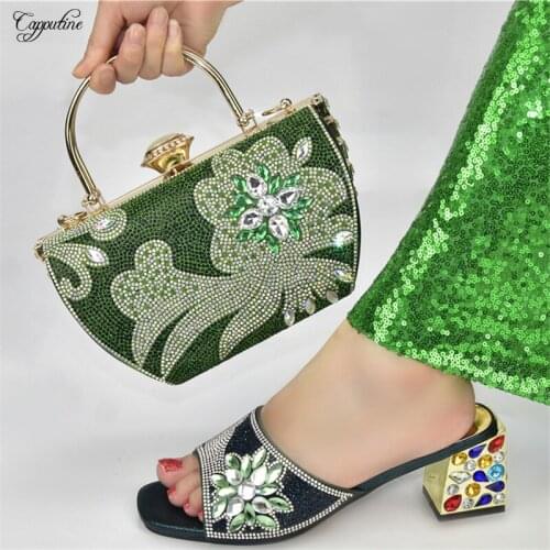 Green Woman High Heels Shoes And Bag Set New 2021 African Ladies Slippers Pumps With Purse Handbag Summer 938-9 Height 6.5CM