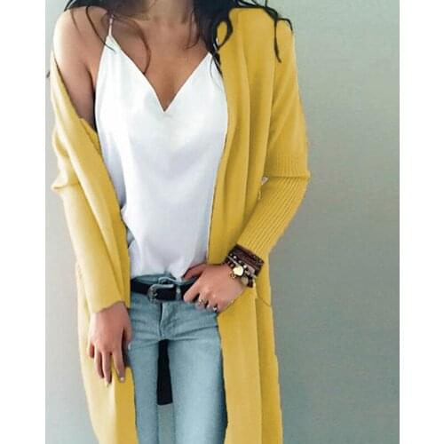 New Women Autumn Long Knitted Outerwears Long Sleeve V-Neck Pockets Coats Solid Casual Elegant Cardigans Fashion Open Stitch