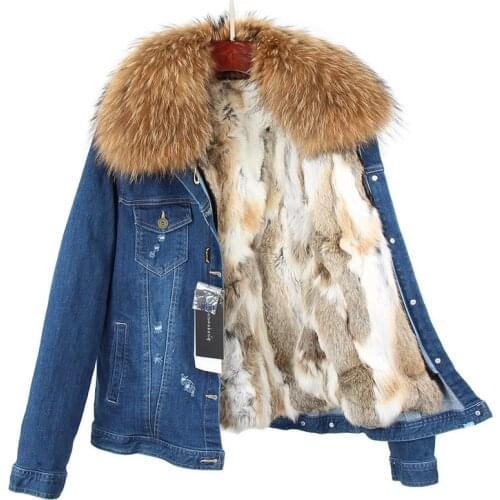 2020 Casual new fur coat winter jacket women Holes jeans denim jacket parka real raccoon fur collars rabbit fur liner warm