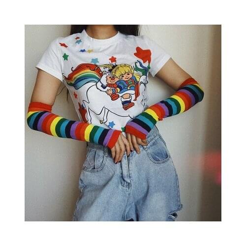 Rainbow Seven Colors Knitting Sun Protection Warm Ice Sleeves Womens Small Fresh All-match Short Sleeve T-shirt Arm Sleeve