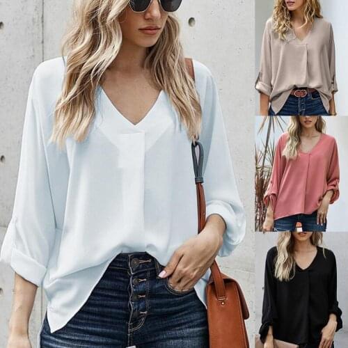 Women Office Shirt Solid Color V Neck Autumn Winter 3/4 Sleeve Pleated Split Hem Blouse Streetwear Simple party club blouses