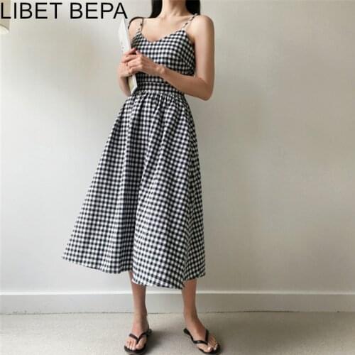 2021 New Summer Women Dresses Plaid V-Neck Sleeveless Pleated High Waist Casual Lace Up Bow Cotton and Linen Long Dress DR2699